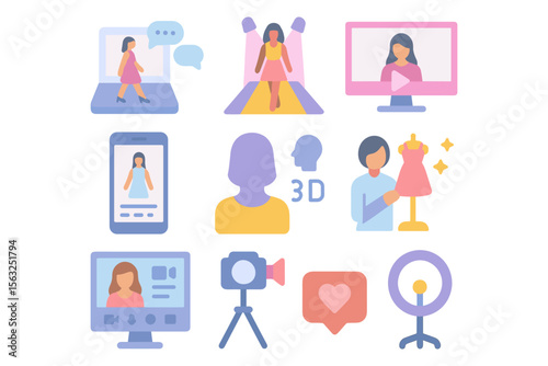 Fashion and technology icons vector illustration - digital influence in fashion industry design for prints and posters in flat style