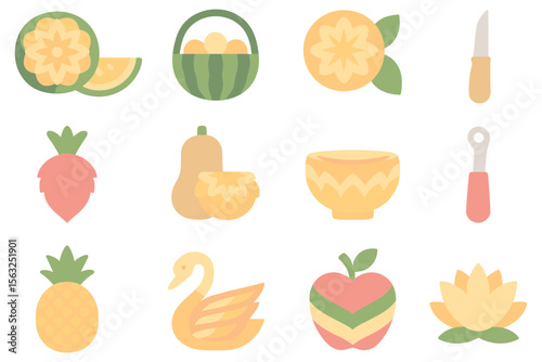 Fruit and vegetable carving vector illustration: decorative food art for design in flat style