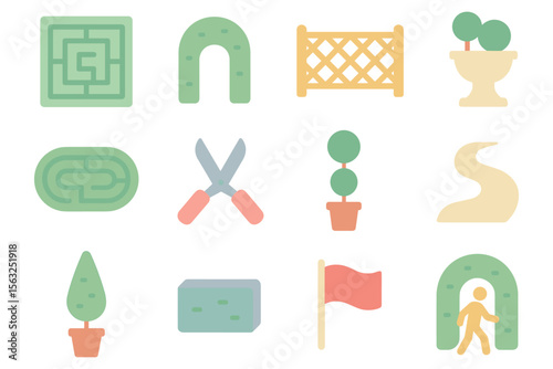 Garden elements vector illustration: flat style design for landscaping and decorative projects