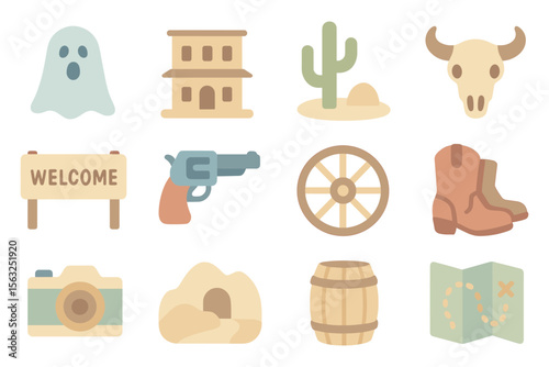 Wild west icons vector illustration: ghost town elements for print and poster in flat style