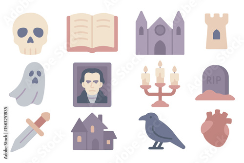 Gothic halloween vector illustration: creepy icons for spooky design projects in flat style