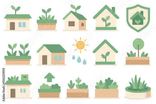 Eco-friendly homes and gardening icons: flat vector illustration for design projects