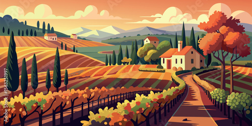 Tuscan Autumn Landscape:  Warm-toned, stylized illustration of rolling hills, vineyards, farmhouse, and cypress trees under a sunset sky.