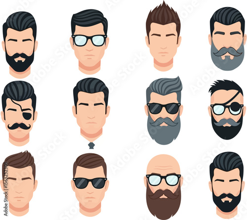 Different men hairstyles and beards styles vector illustration for barbershop and fashion design