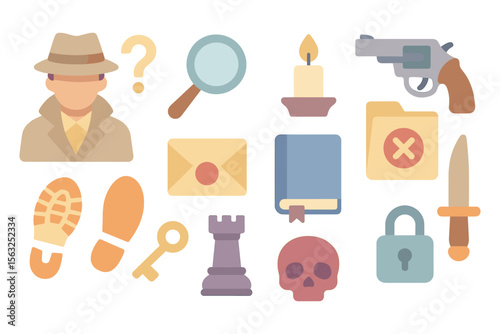 Detective mystery elements vector illustration: flat style icons for design, card, poster