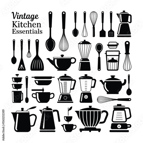 Kitchen Utensils and Cookware Silhouette Set – Minimalist Black and White Grid of Tools, Coffee Items, and Appliances