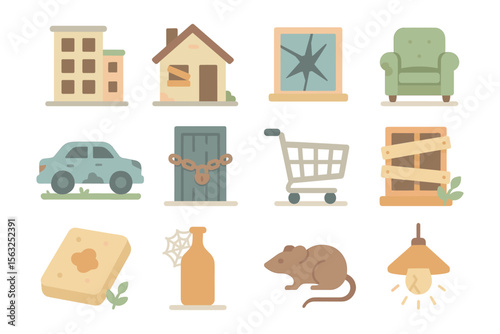 Urban decay vector illustration: abandoned city elements for design projects in flat style