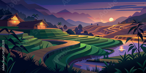 Serene Asian Rice Terraces at Sunset: Vibrant Vector Illustration of Lush Green Fields, Traditional Houses, and Tranquil Waterway.