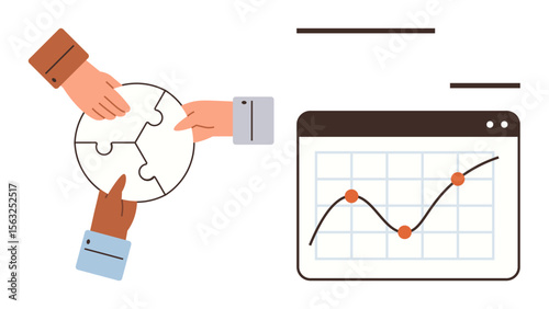 Hands placing puzzle pieces together symbolizing teamwork beside a digital line graph for data trends. Ideal for collaboration, analytics, growth, strategy, problem-solving, innovation