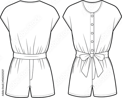  Women's Fashionable Summer Romper with Tie-Waist and Button Detail, Versatile and Comfortable Casual Outfit Design, Flat Sketch Template