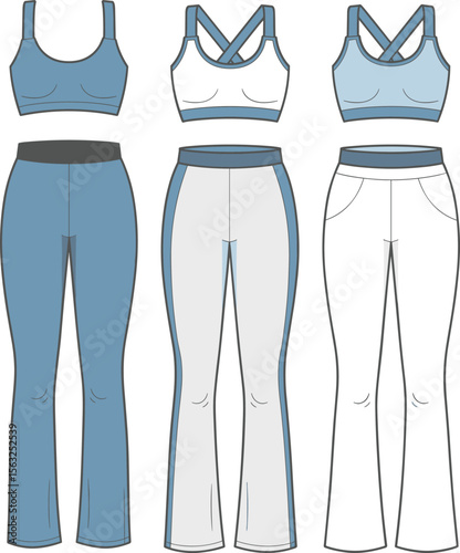 Vector fashion flat sketch sports bra and yoga pants set, women’s activewear clothing template, workout outfit design, seamless gymwear illustration, technical apparel drawing.