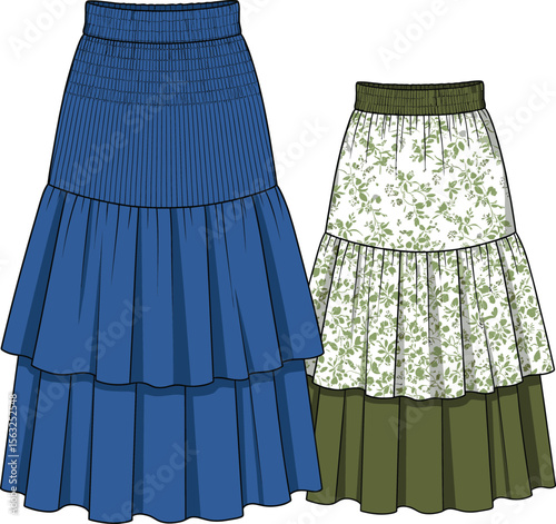 Vector fashion flat sketch of maxi tiered skirts, smocked waistband, floral and solid designs, women’s clothing template, summer outfit, stylish apparel illustration.