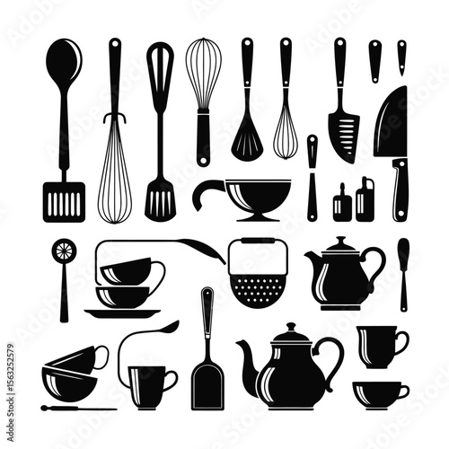 Kitchen Utensils and Cookware Silhouette Set – Minimalist Black and White Grid of Tools, Coffee Items, and Appliances