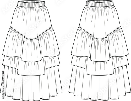 Vector Technical Sketch of Women’s Tiered Ruffle Skirt – Fashion Flat Design Template.