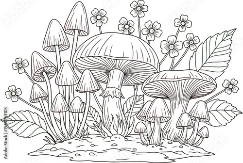 Mushroom illustration with flowers and leaves for nature lovers and botanical art enthusiasts alike