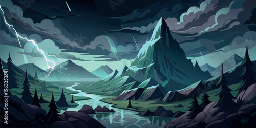 Stylized Fantasy Landscape: Dramatic Mountain Range, River, and Stormy Night Sky with Lightning and Shooting Stars; Dark, Moody, and Atmospheric Illustration.