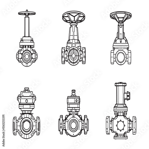 vector line art of industrial valves machinery parts