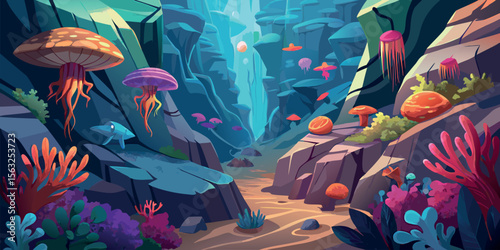 Vibrant Fantasy Underwater Canyon: Bioluminescent Jellyfish, Coral, and Exotic Fungi in a Stylized, Dreamlike Setting.