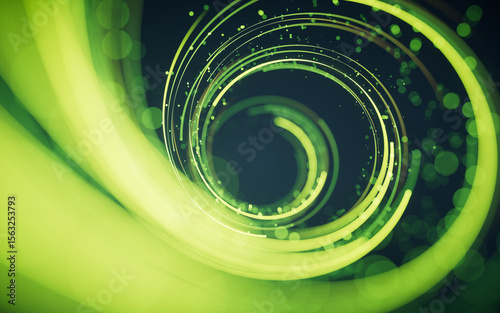 Fototapeta Naklejka Na Ścianę i Meble -  Rotating glowing green vortex lines and particles background, 3d rendering.