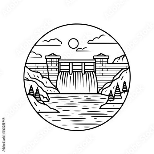 In a flat, modern design, the icon for a hydroelectric dam is isolated and outlined