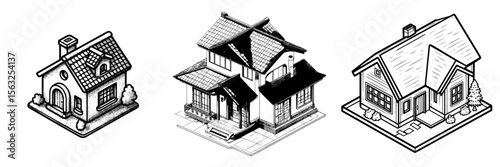 A classic modern family house building is illustrated through icons, including those for a residential building, cottage house, house isometric, and home isometric, all in a 3D view