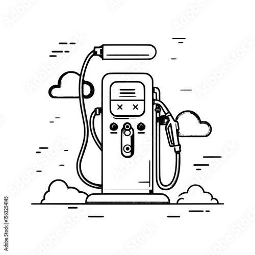 Isolated on a white background, a modern illustration features a green eco electric fuel pump icon, symbolizing a charging point station for hybrid cars, in the form of a square sign