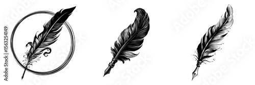 A modern graphic featuring a feather pen theme set against a white background