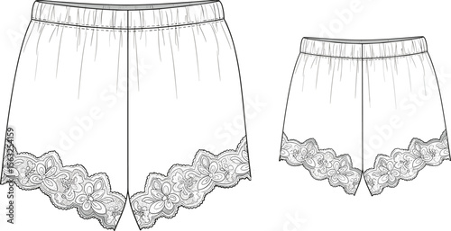 Vector Technical Sketch of Women's Lace Shorts – Fashion Flat Template.
