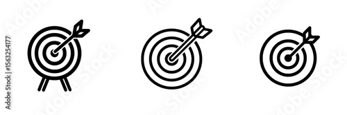 The target icon is represented by a target line icon design that features an editable stroke and is pixel perfect, and is also part of a stock illustration that includes a goal symbol collection with