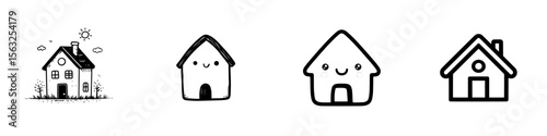 A small black icon of a house set against a white background symbolizes home and shelter in a minimalist style