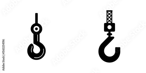 The crane hook is a modern icon representing industrial lifting equipment, a symbol for the construction, heavy machinery, and cargo handling industries, depicted as a black silhouette on a white