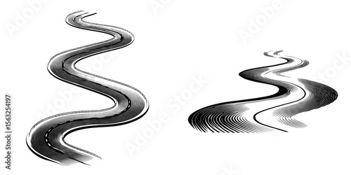 An isolated winding road is shown from a top view against a transparent background, characterized by its modern artistic rendering