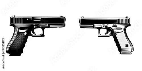 The image of a Glock 17 pistol in a contemporary silhouette style on a white background represents the risks associated with conflict and the use of police and military weapons in combating terrorism
