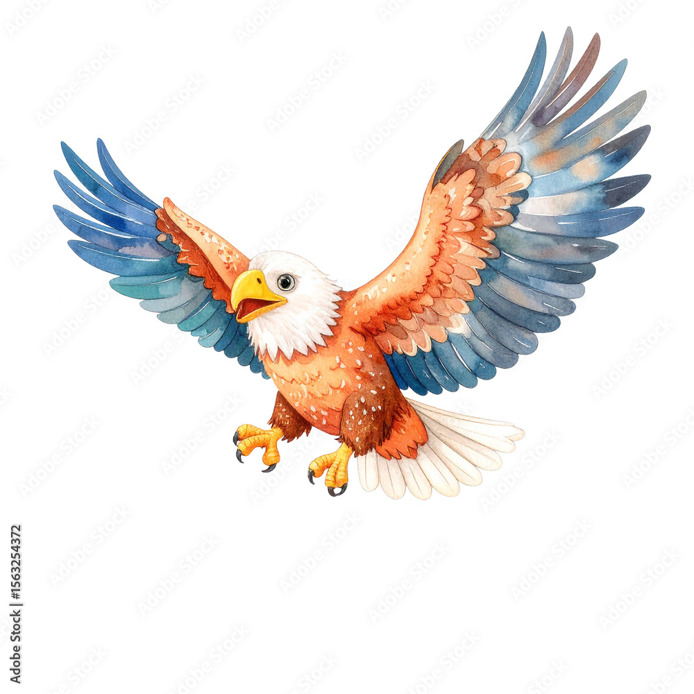 Obraz premium Majestic Eagle in Flight: A regal eagle soars through the air, its wings outstretched, capturing a moment of power and grace, depicted through watercolor illustration.