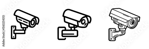 Security camera or cctv signage including logos, badges, icons, stickers, labels, emblems, stamps, and symbols in a modern flat black line isolated style