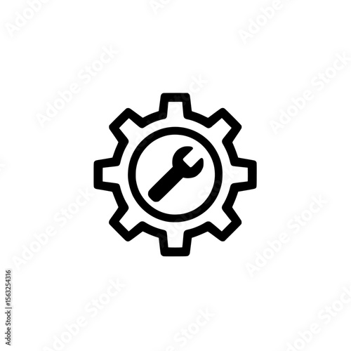 A basic black icon featuring a gear and wrench represents mechanical engineering and repair services
