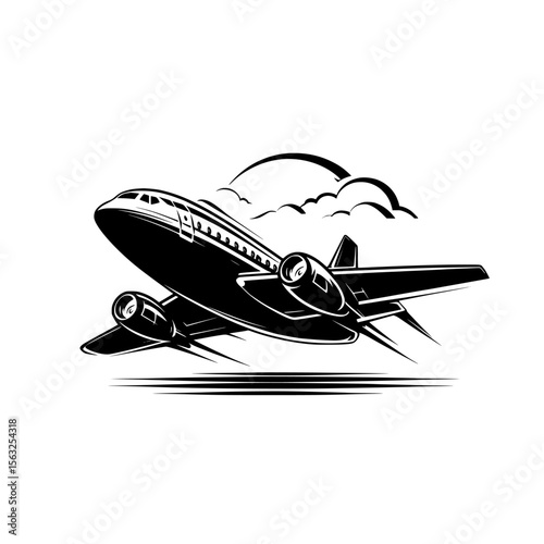 Modern airplanes and aeroplanes are represented through a sleek illustration of a plane's silhouette against a clean white background