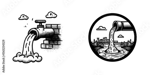 Liquid waste flowing from a pipe into the river, shown as a modern isolated flat design illustration element
