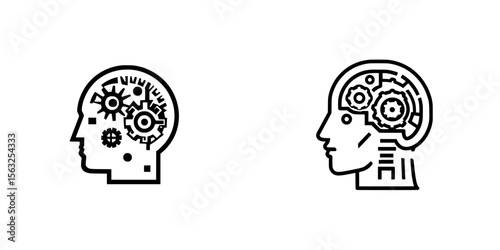 Modern illustration of a human head with technological gears and a cogwheel engineering logo inside the brain, isolated on a white background with a simple flat design icon symbol