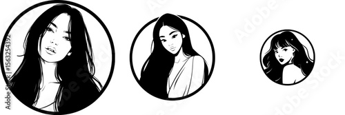 The image of a woman with long black hair is presented as a sleek, modern icon within a circular emblem, making it suitable for use in beauty industry branding, salons, cosmetics, and feminine-themed