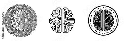 The icon of an AI brain circuit board and a stock technological chip is a modern illustration