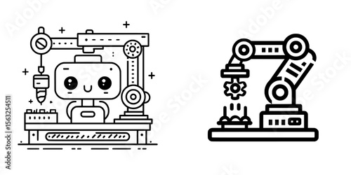 The manufacturing process is represented by an automation pixel perfect linear icon, which boosts efficiency by replacing manual labor, depicted in a thin line illustration as a contour symbol