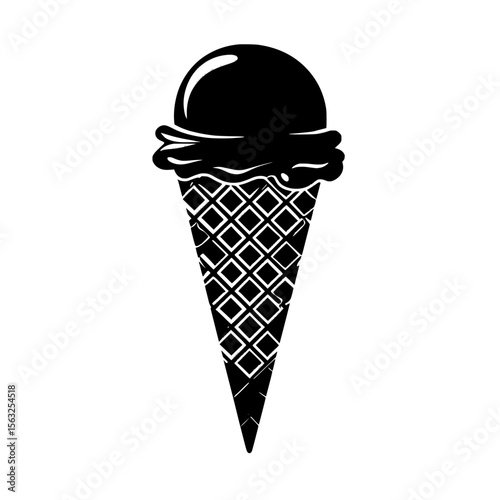 An ice cream icon, characterized by a black silhouette on a white backdrop, showcases a waffle cone containing one ice ball, designed in a stencil style with segmented shapes, ideal for minimalist