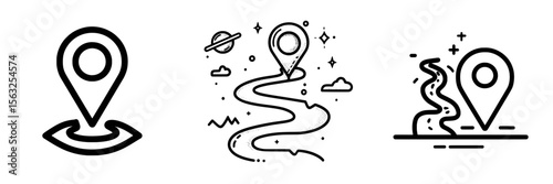 Modern route icon, symbol incorporating GPS elements, navigation sign, and illustration of location and distance between two places
