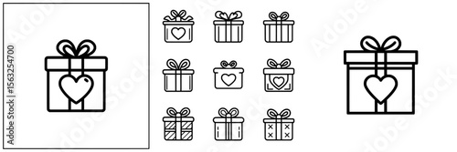 Illustrate a love gift icon featuring an editable stroke, a gift box adorned with a heart sign symbolizing the act of giving presents, and embodying a romantic surprise that comes with receiving a