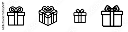 The icon represents a gift, depicted as a modern gift box symbol, often associated with birthday presents and Christmas gifts, characterized by a black stroke line