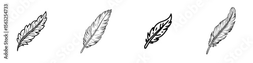 A falling feather icon with editable stroke outline is depicted in isolation on a white background as a flat modern illustration, and is pixel perfect, measuring 64 x