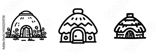 A mud hut symbol is depicted in a line icon style with white and black coloring, part of a mud hut icon collection suitable for web, mobile apps, and user interface design