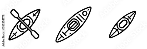 A single kayak line icon featuring white and black hues, part of a broader collection of kayak icons suitable for web, mobile applications, and user interfaces