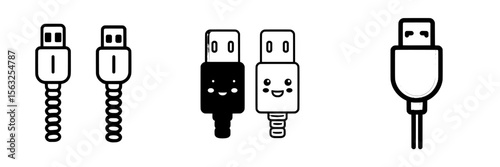 A white and black usb cable line icon is available, part of a collection of modern usb cable icons for use in web and mobile applications and user interfaces